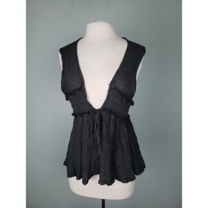 Free People Ramona Top Women's XL Gray Ruched Plunge Hippie Boho Natural Fibers